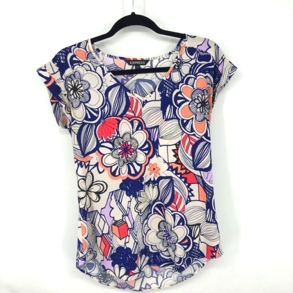 Express Blue and Red Floral Print Rolled Sleeve Blouse Size XS - Picture 2 of 6